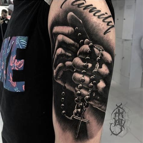 Realistic Praying Hands With A Rosary Tattoo Done By Our Artist Ivan