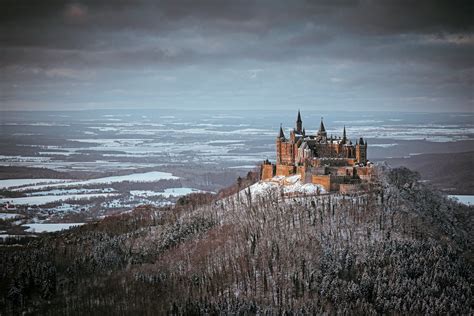Arial View Of Hohenzollern Castle During Light Snow