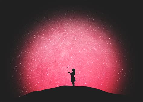 Download 3488x2492 Lonely Girl Pink Sky Stars Night