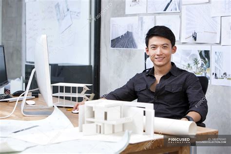 Chinese Male Architect Working In Office — Smiling Indoors Stock