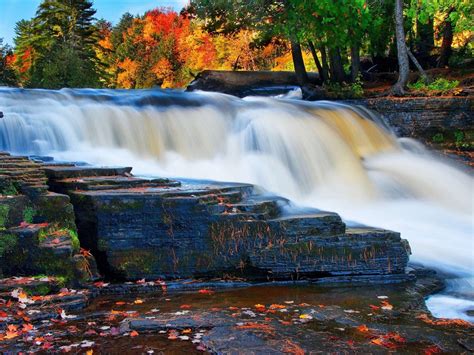 Forest River Waterfall Autumn Nature Hd Photo Wallpaper Preview