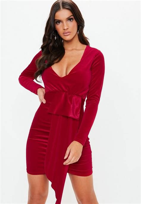 Red Velvet Plunge Drape Bodycon Mini Dress Missguided