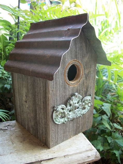 Rustic Tin Roof Birdhouse With Embellishment Etsy Bird Houses