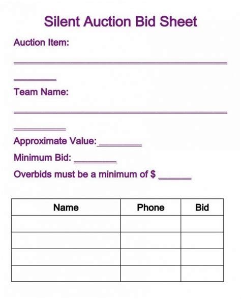 Printable 21 Silent Auction Bid Sheets Free Download Templates Study