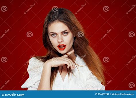 attractive woman red hair red lips posing glamor stock image image of isolated female 236039749