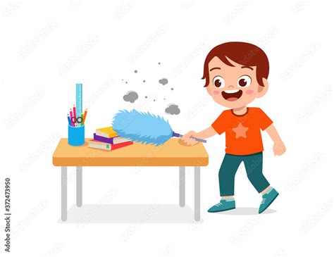 Happy Cute Little Kid Boy And Girl Do Chores Cleaning Table Stock
