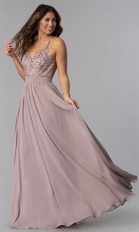 Long Mocha Purple Prom Dress With Embroidery Promgirl