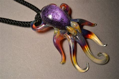 Purple And Amber Dicro Octopus Pendant On Adjustable By Glassnfire Sea