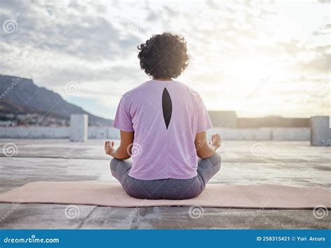 Yoga Back View And Woman In Meditation On Roof Training To Meditate