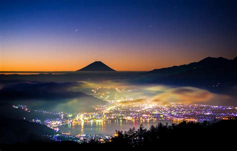 Wallpaper Night Lights Mountain The Evening Japan Fuji