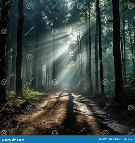 Dreamy Forest With Sunlight And Mist Stock Illustration Illustration