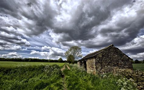 House Stones Clouds Sky Grass Green Countryside Spring Fields