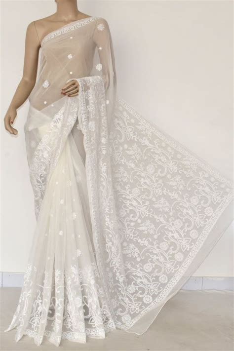 White Hand Embroidered Lucknowi Chikankari Saree With Blouse Georgette Party Wear