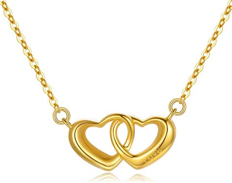 Sisgem 18k Gold Double Heart Necklace For Women Engraved Love Fine Gold Jewelry