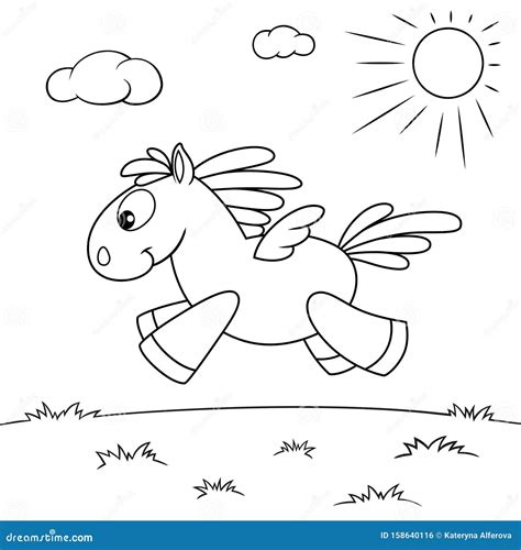 Cute Cartoon Pegasus Black And White Vector Illustration For Coloring