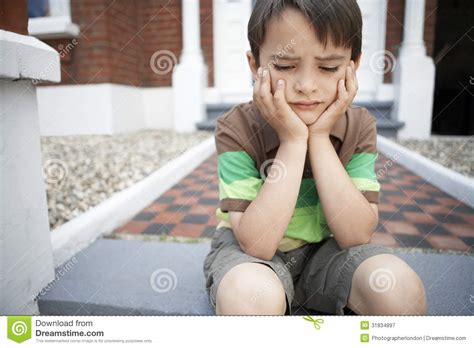 Sad Little Boy Sitting On Front Steps Stock Image Image Of Little