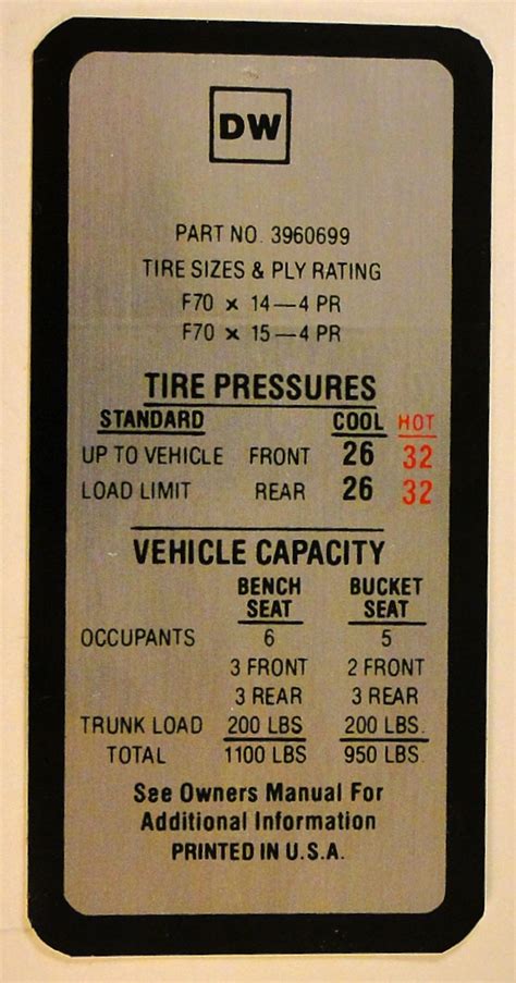 1969 1970 Gm Tire Pressure Label Label Replaces Gm 3960699