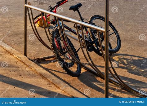 Two Sport Bikes Connected To Bike Parking Stock Photo Image Of Lock
