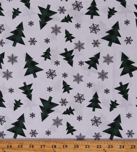 Cotton Green And Black Plaid Christmas Trees On White Holidays