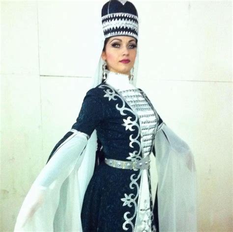 Circassian Woman Wearing Traditional Costume Silver Embroidery Blue