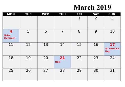 Calendar 2019 March With Holidays And Festival Holiday Calendar