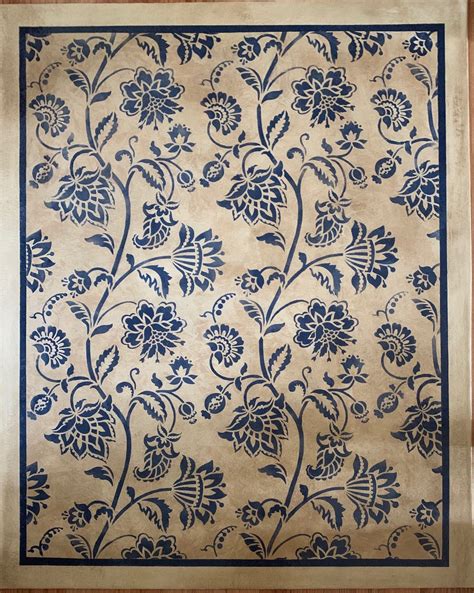 Hand Painted And Stenciled Jacobean Floral Design Floorcloth Etsy