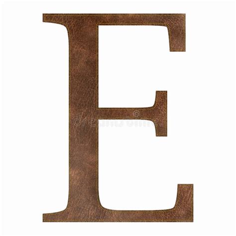 Brown Leather Textured Letter E With Yellow Stitch Leather Alphabet