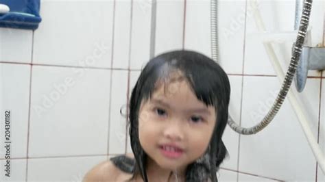Stock Video Of Asian Girl Taking A Shower Be Smile Funny And Happinesswet Hair Taking Shower In
