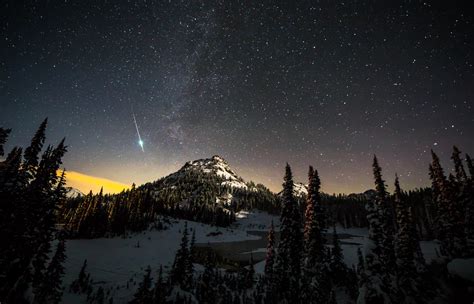 Mountain With Trees At Night Landscape Snow Stars Pine