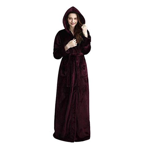 Long Hooded Robe For Women Luxurious Flannel Fleece Full Length Bathrobe Winter Warm