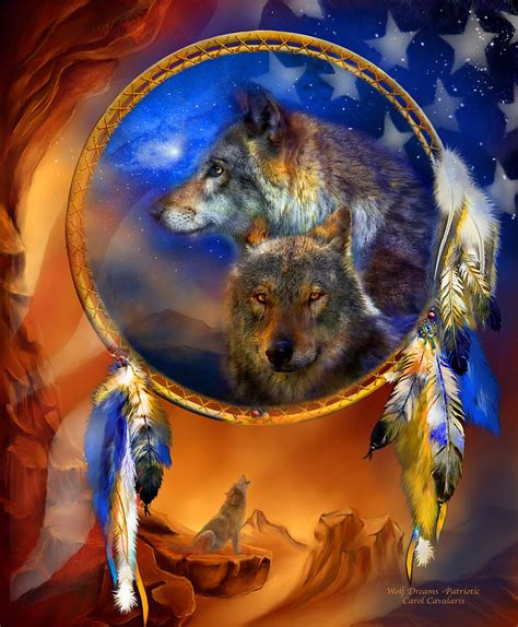 Dream Catcher Wolf Dreams Patriotic Mixed Media By Carol Cavalaris