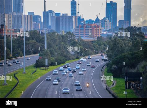 Melbourne City Traffic Eastlink Freeway With Melbourne Skyline Stock