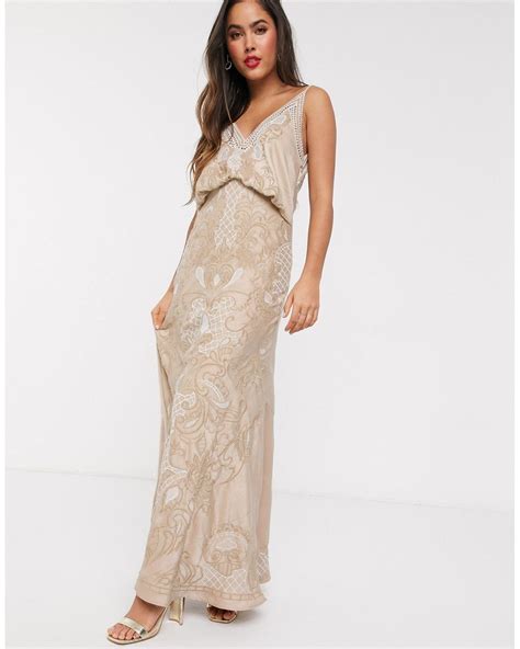 Asos Cowl Back Satin Embroidered Maxi Dress With Ladder Trim In Natural