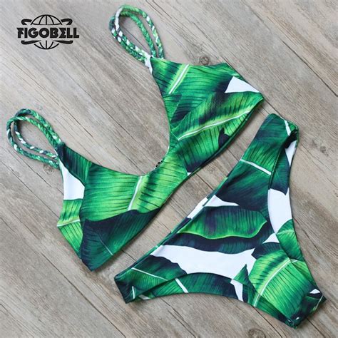 Figobell 2017 Hot Sexy Bikinis Women Set Leaf Printed Swimwear Push Up Bathing Suits Bikini Top