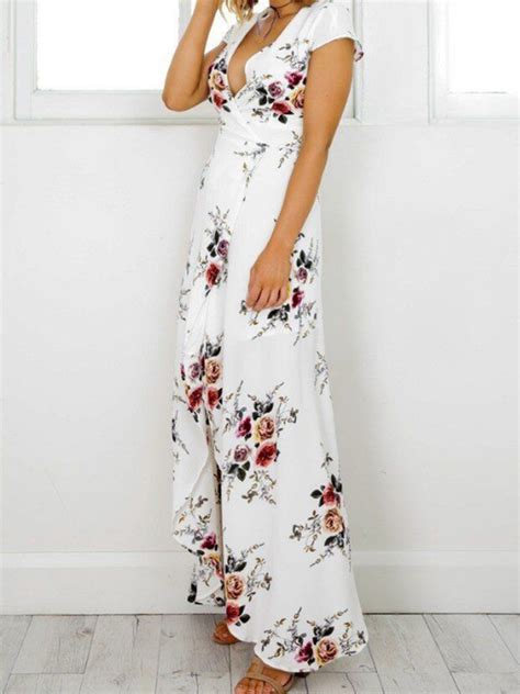 White V Neck Floral Print Tie Waist Maxi Dress Choies