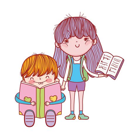 Cute Little Boy Sitting Reading Book And Girl With Open Book Download