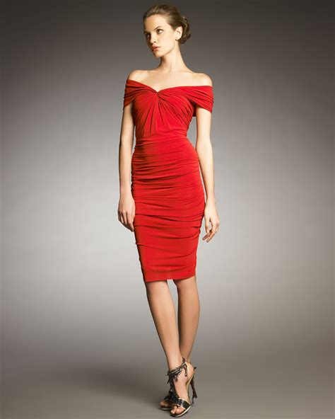 Lyst Lanvin Off Shoulder Ruched Dress In Red