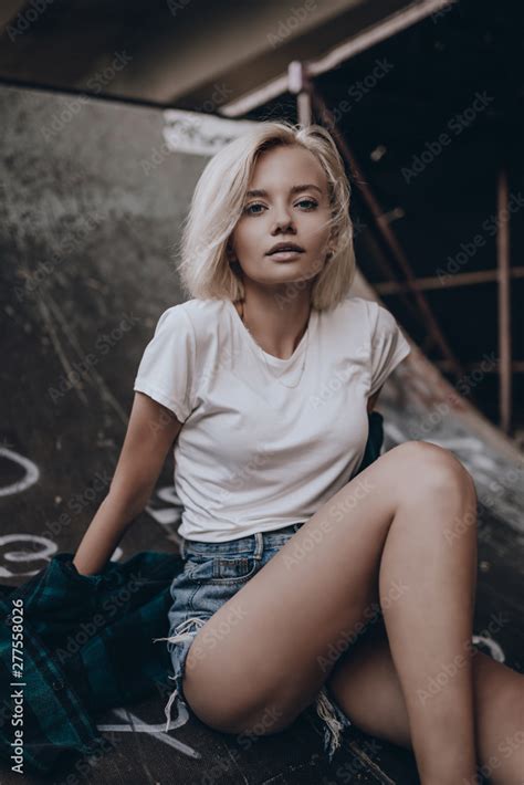 Cute Sexy Blonde Woman In Casual Clothes On Urban Background Pretty