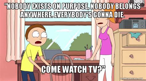 From top 10 best rick and morty quotes. "Nobody exists on purpose, nobody belongs anywhere. Everybody's gonna die. Come watch tv ...