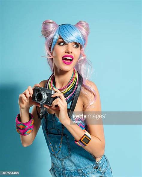 Blue Pink Hair Girl In Funky Manga Outfit Holding Photos And Premium