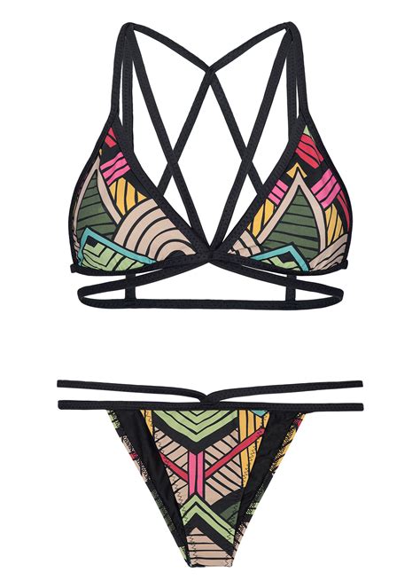 Two Piece Swimwear Black Geometric Multi Tie Triangle Bikini Tribal