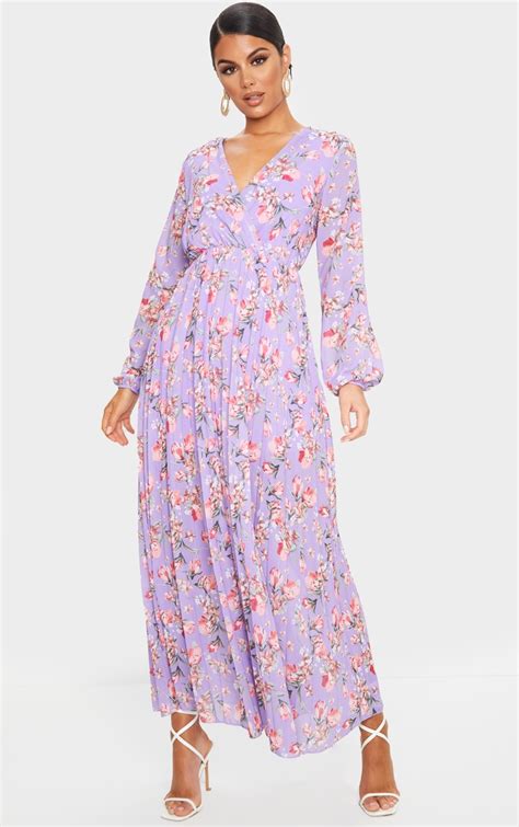 Lilac Floral Long Sleeve Pleated Maxi Dress Prettylittlething Qa