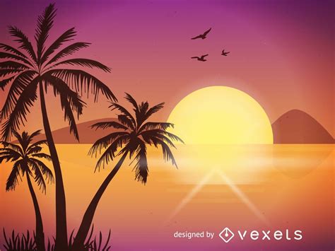 Ilustración Playa Puesta De Sol Descargar Vector
