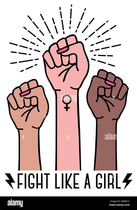 Different Feminist Hands With Female Sign Fight Like A Girl Feminism Concept Vector