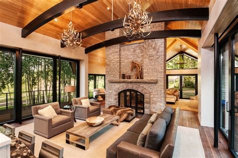 Aspen Modern Mountain Great Room With Stone Fireplace Modern Living
