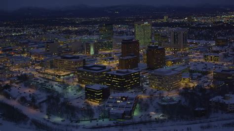 4k Stock Footage Aerial Video Orbiting Snow Covered Downtown Anchorage