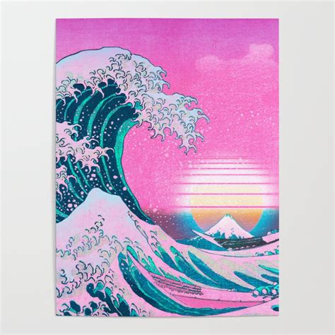 Vaporwave Aesthetic Great Wave Off Kanagawa Synthwave Sunset Poster By
