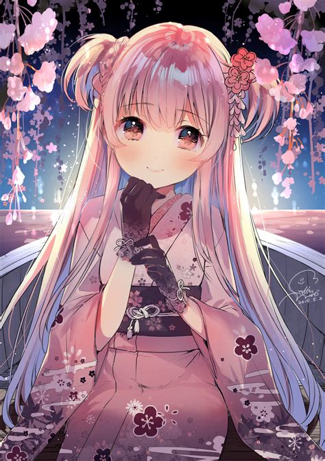 Wallpaper Gadis Anime Perahu Karakter Asli Kimono Bunga Bunga