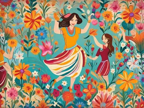Premium Ai Image Pattern Painting With Colorful Flowers And Dancing Girls