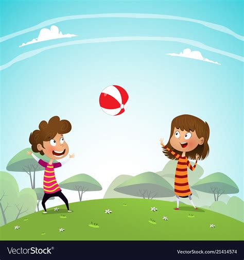 Two Children Playing With A Ball In The Park Vector Image